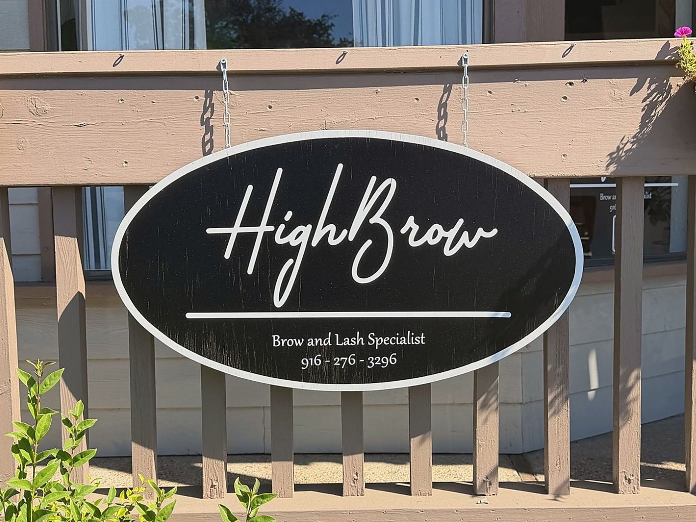 The HighBrow sign outside the studio in Fair Oaks: Brow and Lash Specialist, 916-276-3296